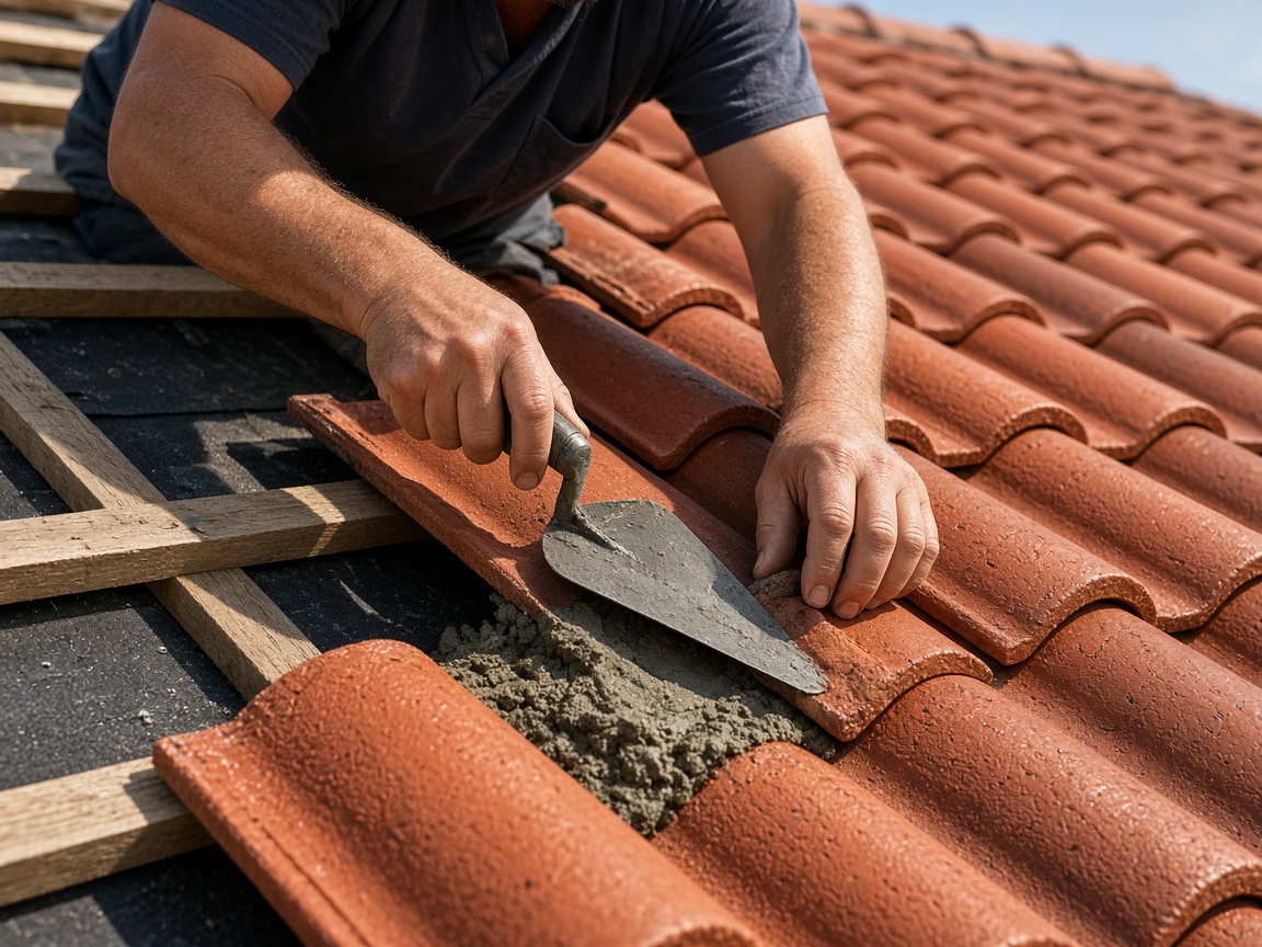 Mason setting clay roof tiles