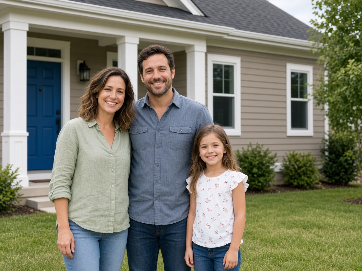 Family outside renovated home